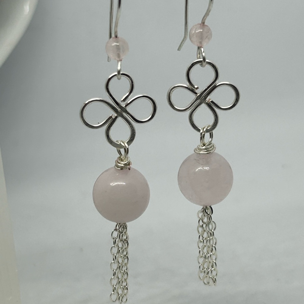 Elegant Silver and Pink rose quartz Dangle Earrings with chain tassel